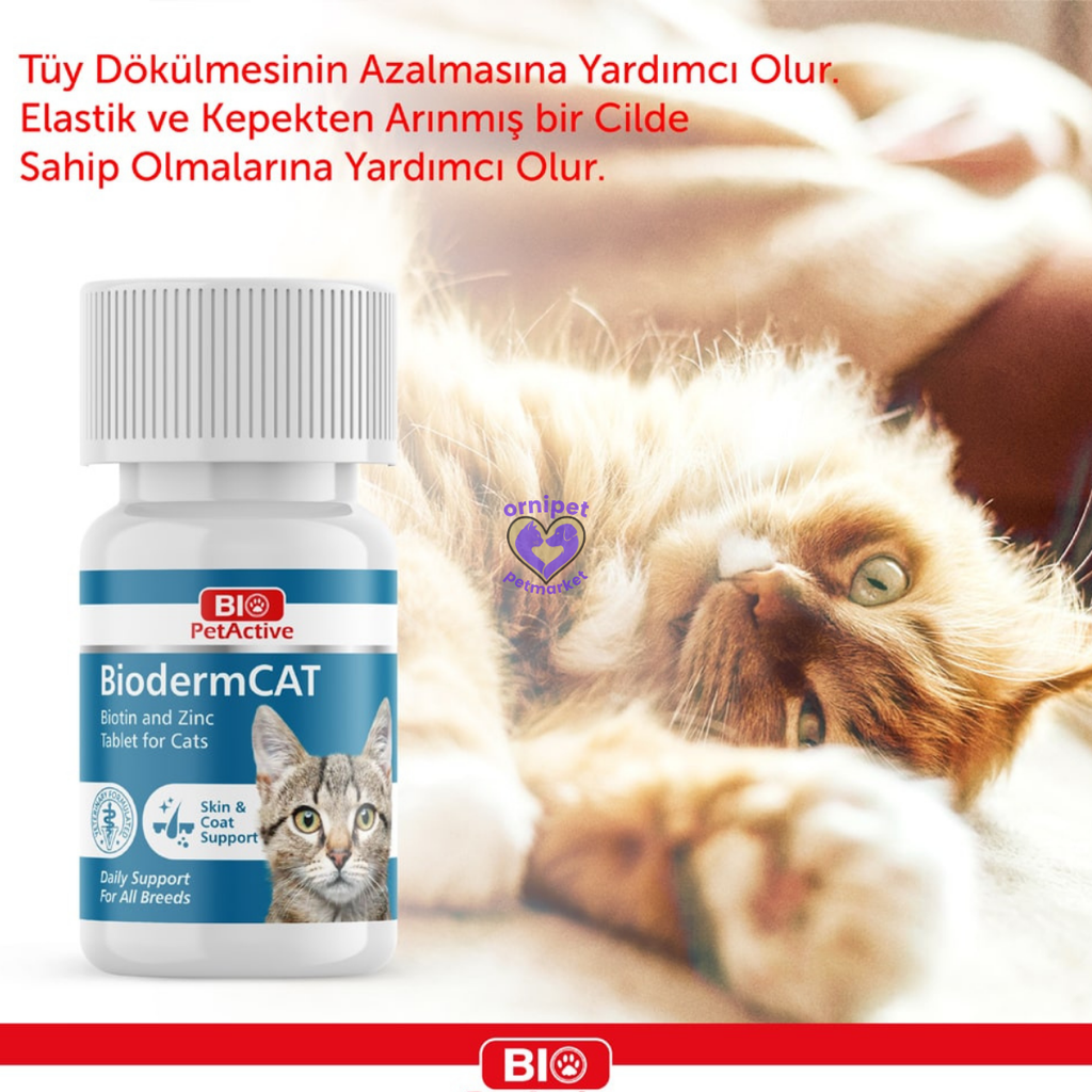Bio PetActive - Biodermcat Kediler için Çinko ve Biotin Tablet 0,3 Tablet 100'lü 30 Gr