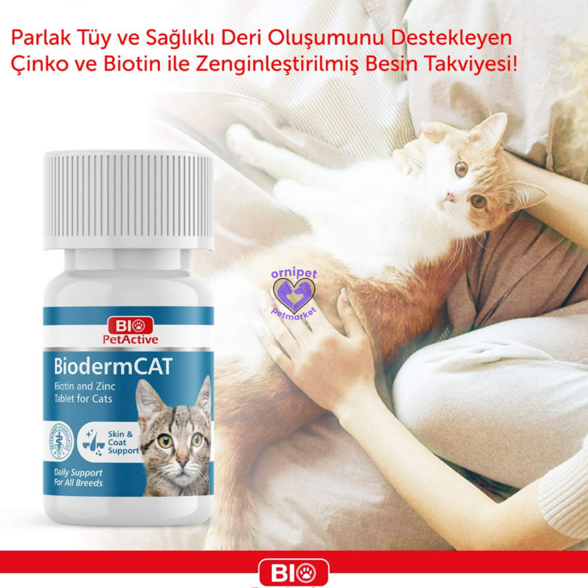 Bio PetActive - Biodermcat Kediler için Çinko ve Biotin Tablet 0,3 Tablet 100'lü 30 Gr